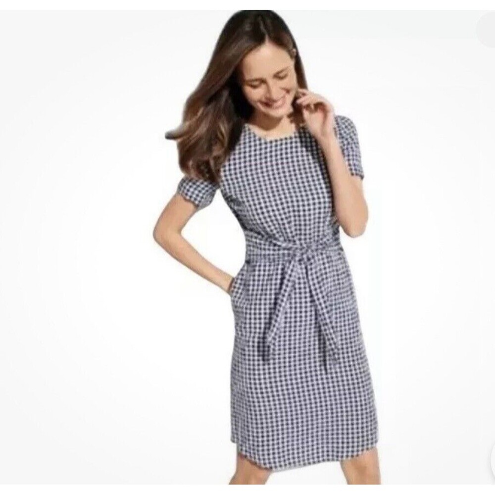 J. McLaughlin Sadie Gingham Dress Navy White Sz 10 Linen Cotton Tie Waist Casual
